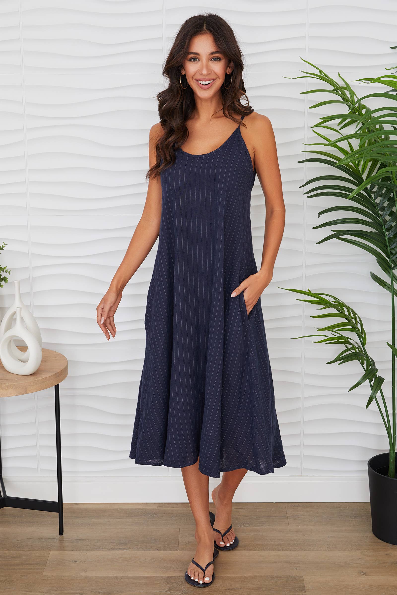 Spaghetti Strap Pinstripe Linen Maxi Dress