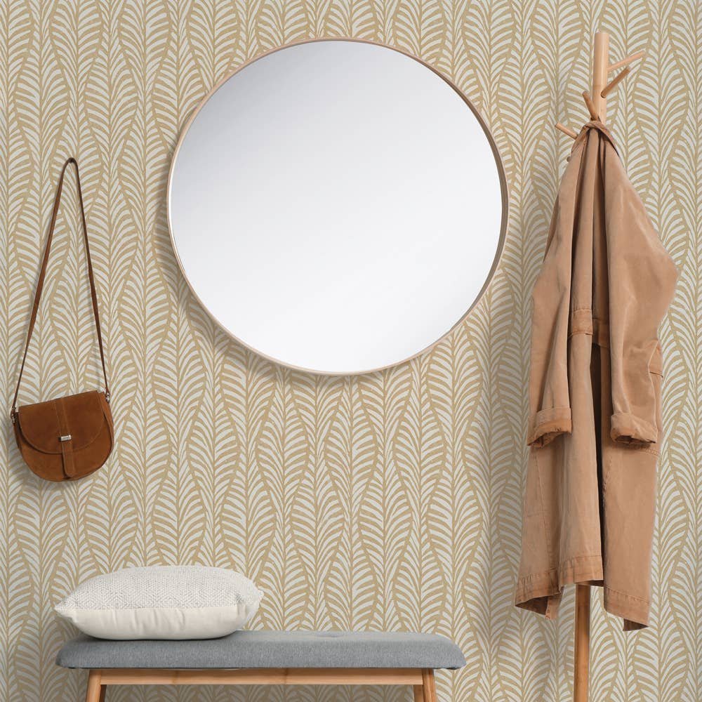 Block Print Leaves Sand P&S Wallpaper, 28 sq. ft.