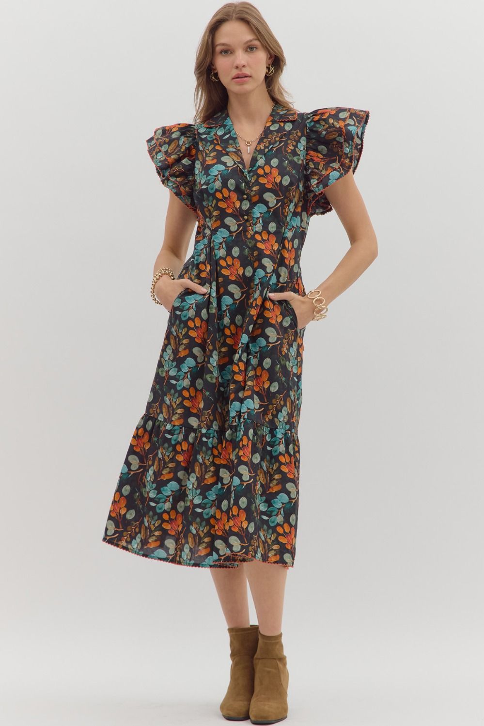 Botanical Black Print Midi Dress