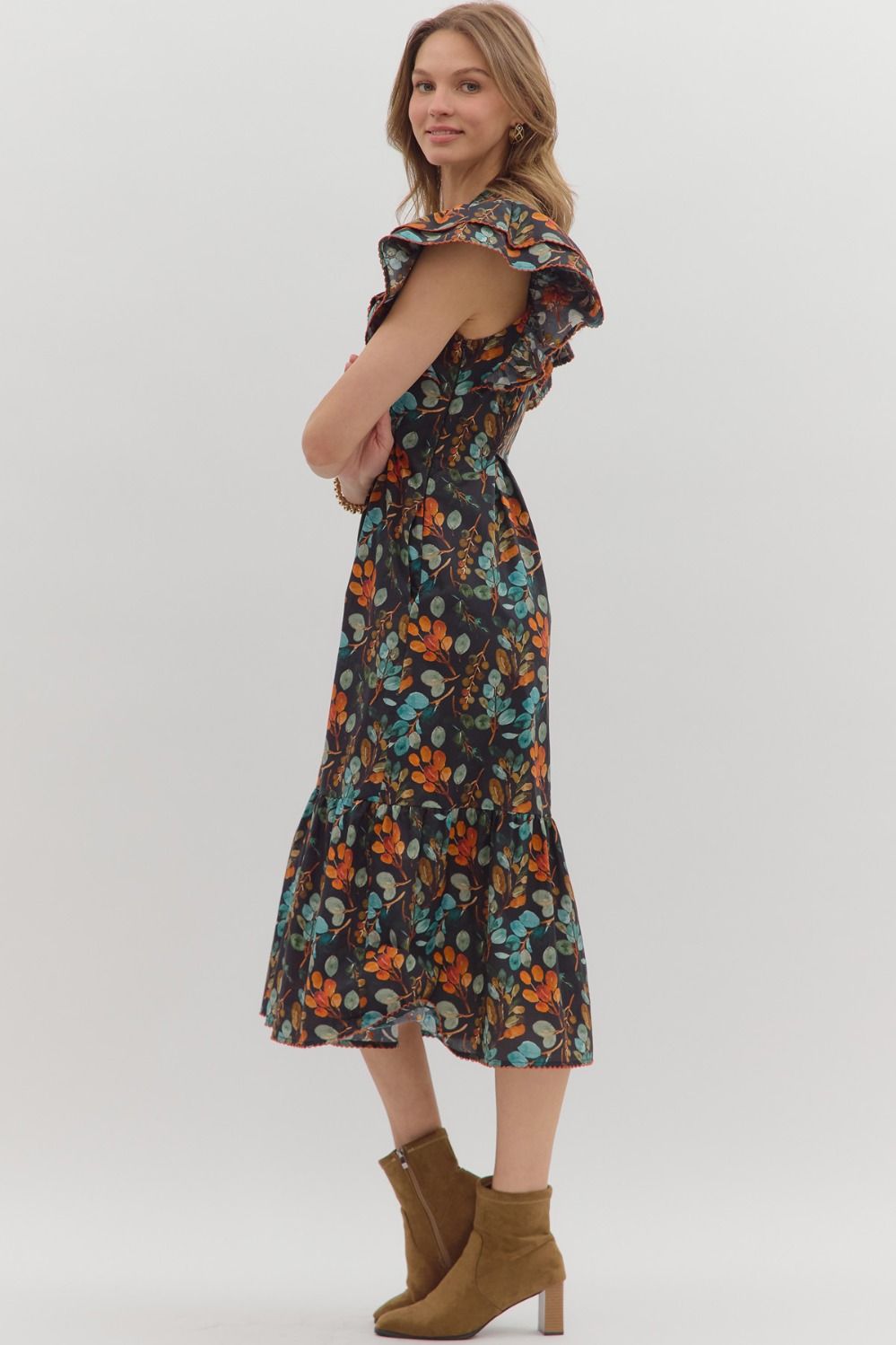 Botanical Black Print Midi Dress