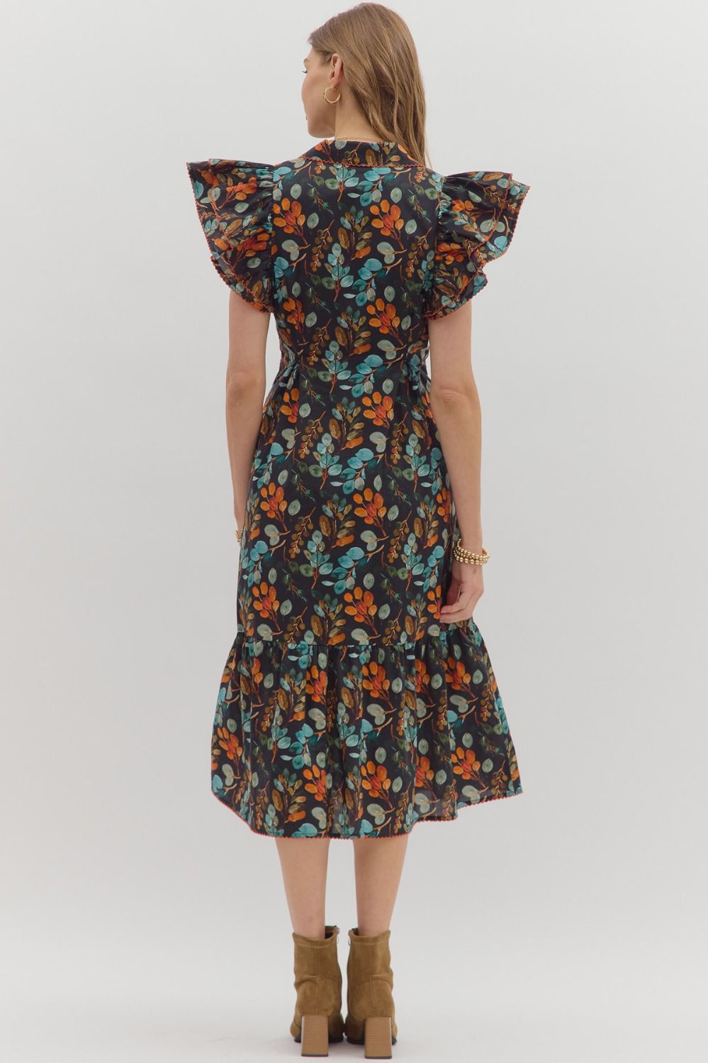 Botanical Black Print Midi Dress