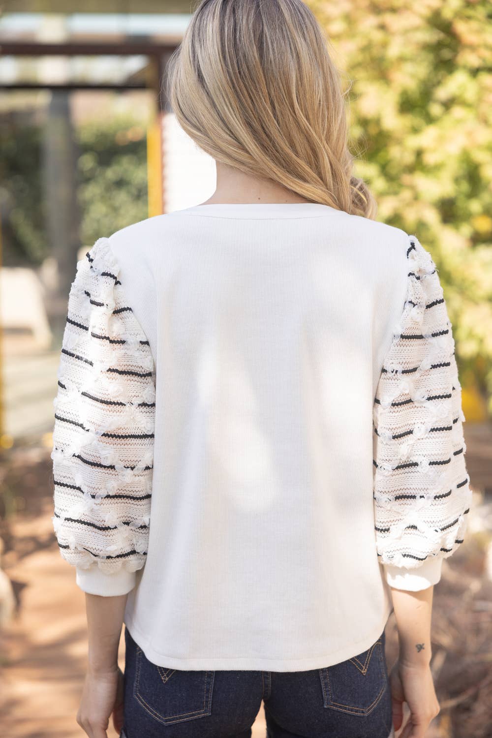 Puff Striped Diamond Tull Detailed Knit Top