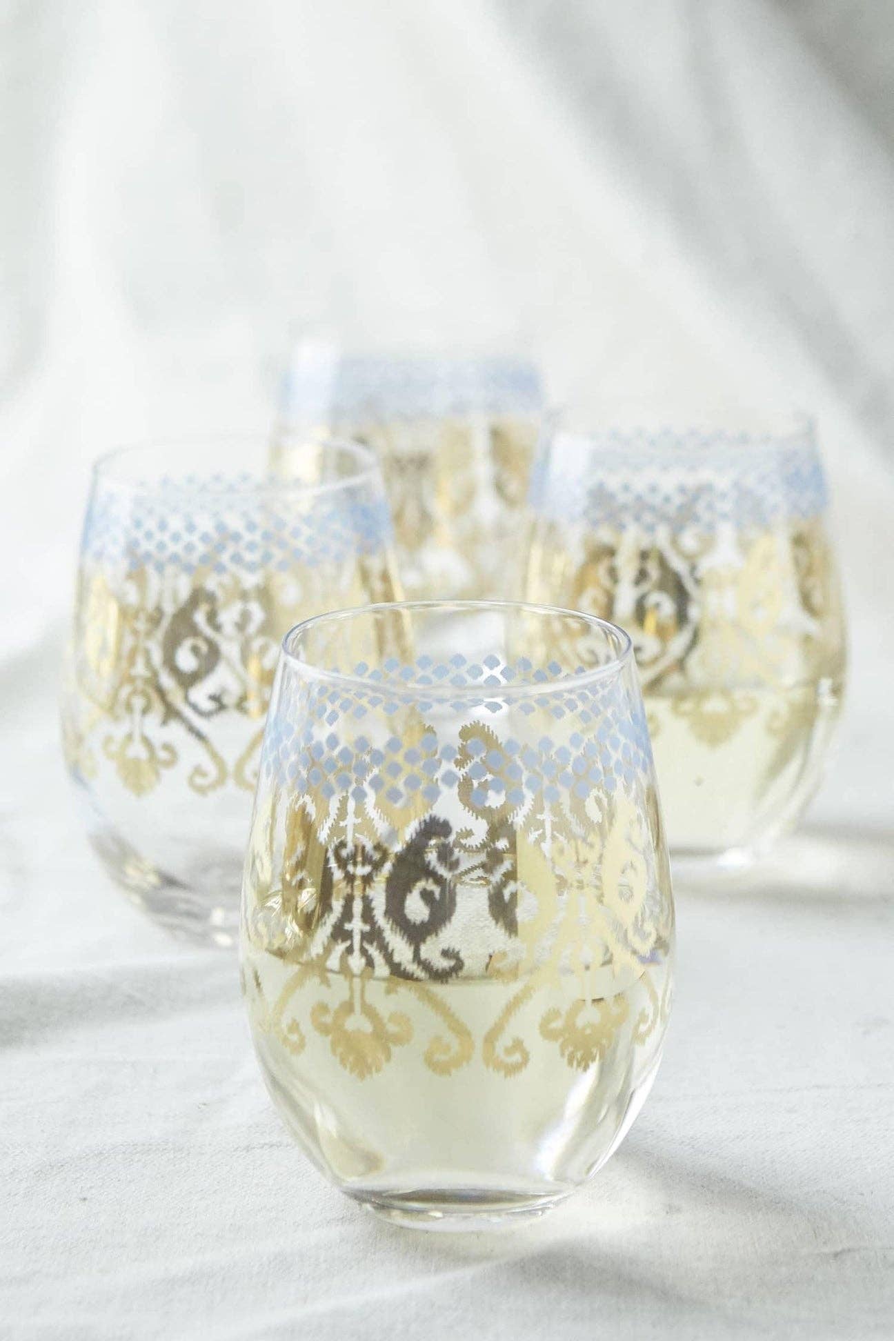Golden Ikat Stemless Wine Glass