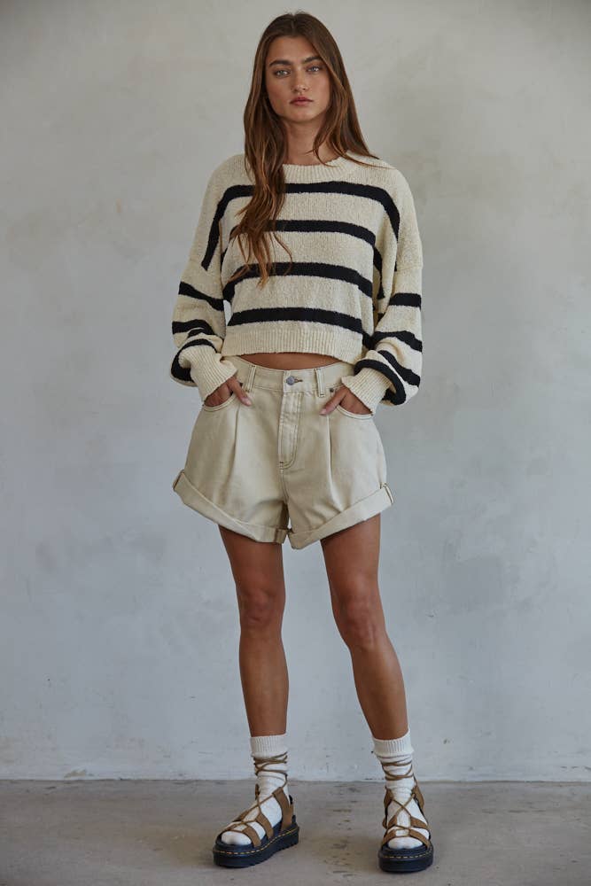 Knit Sweater Striped Crewneck Long Sleeve Top