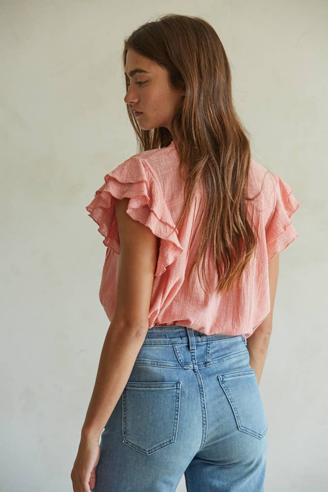 Woven Cotton Linen Button V-Neck Short Sleeve Top