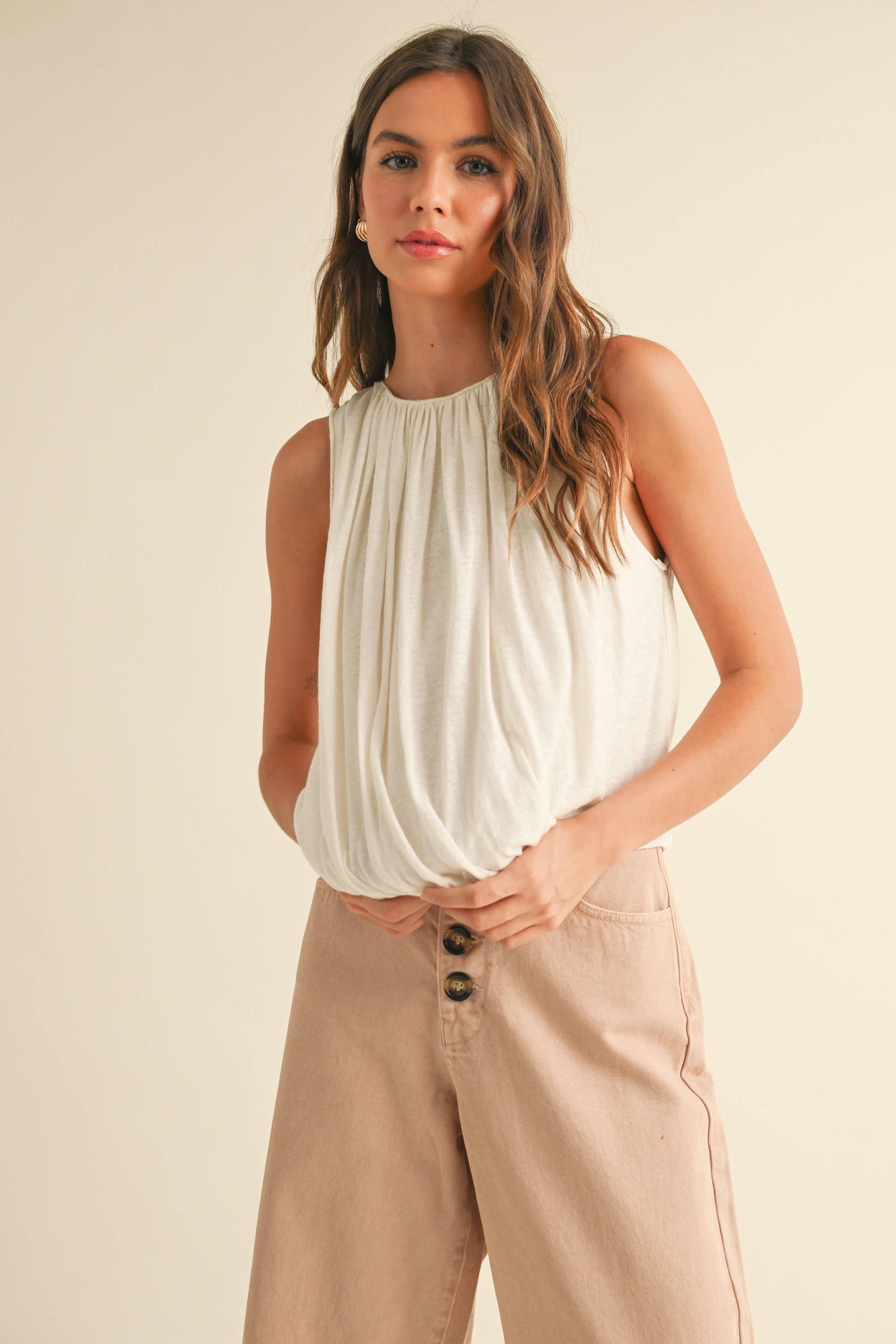 T4577 LINEN KNITTED BUBBLE BOTTOM TOP