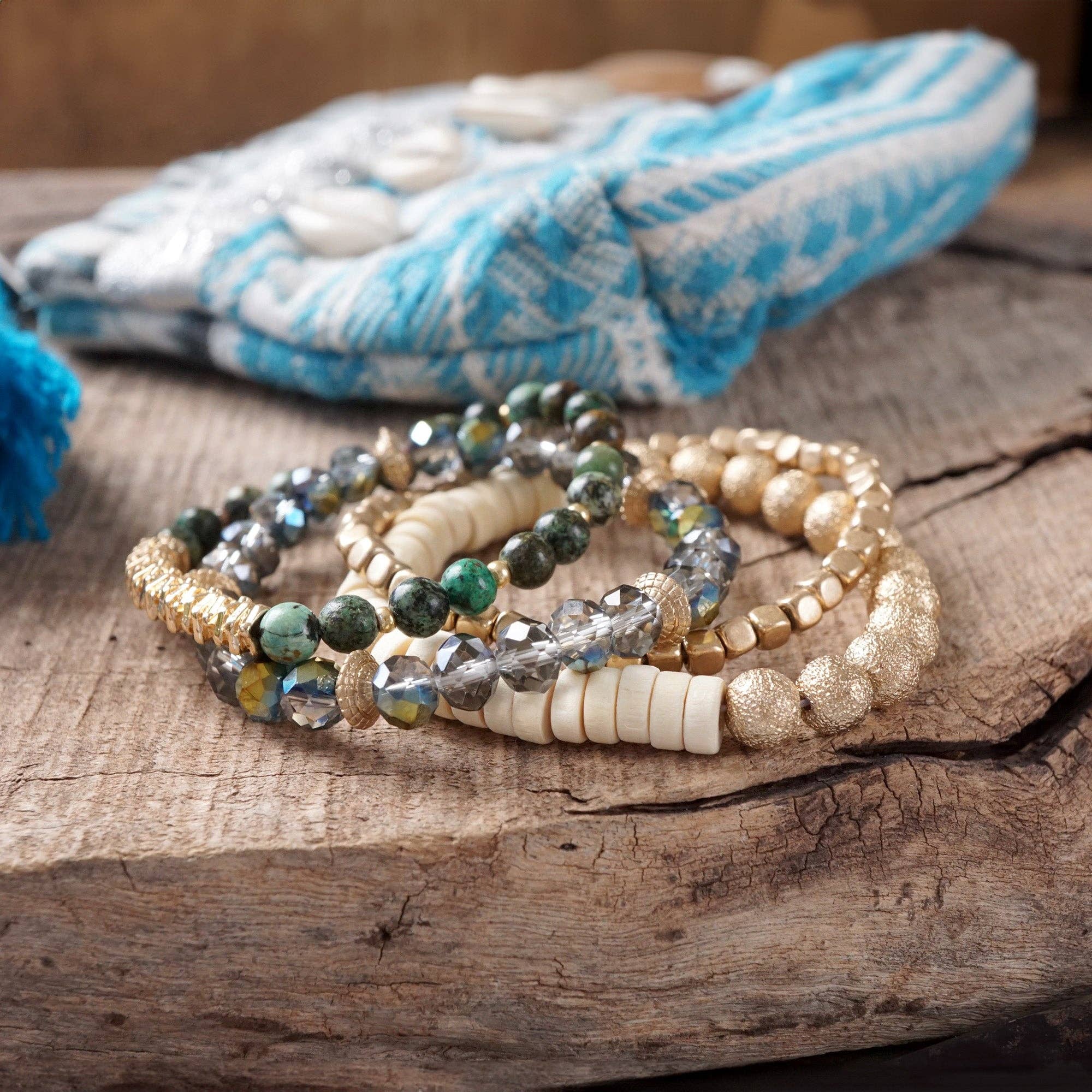 Bracelets stack of 4 piece beaded with Dark Green Semi Precious stones glass wooden and golden beads