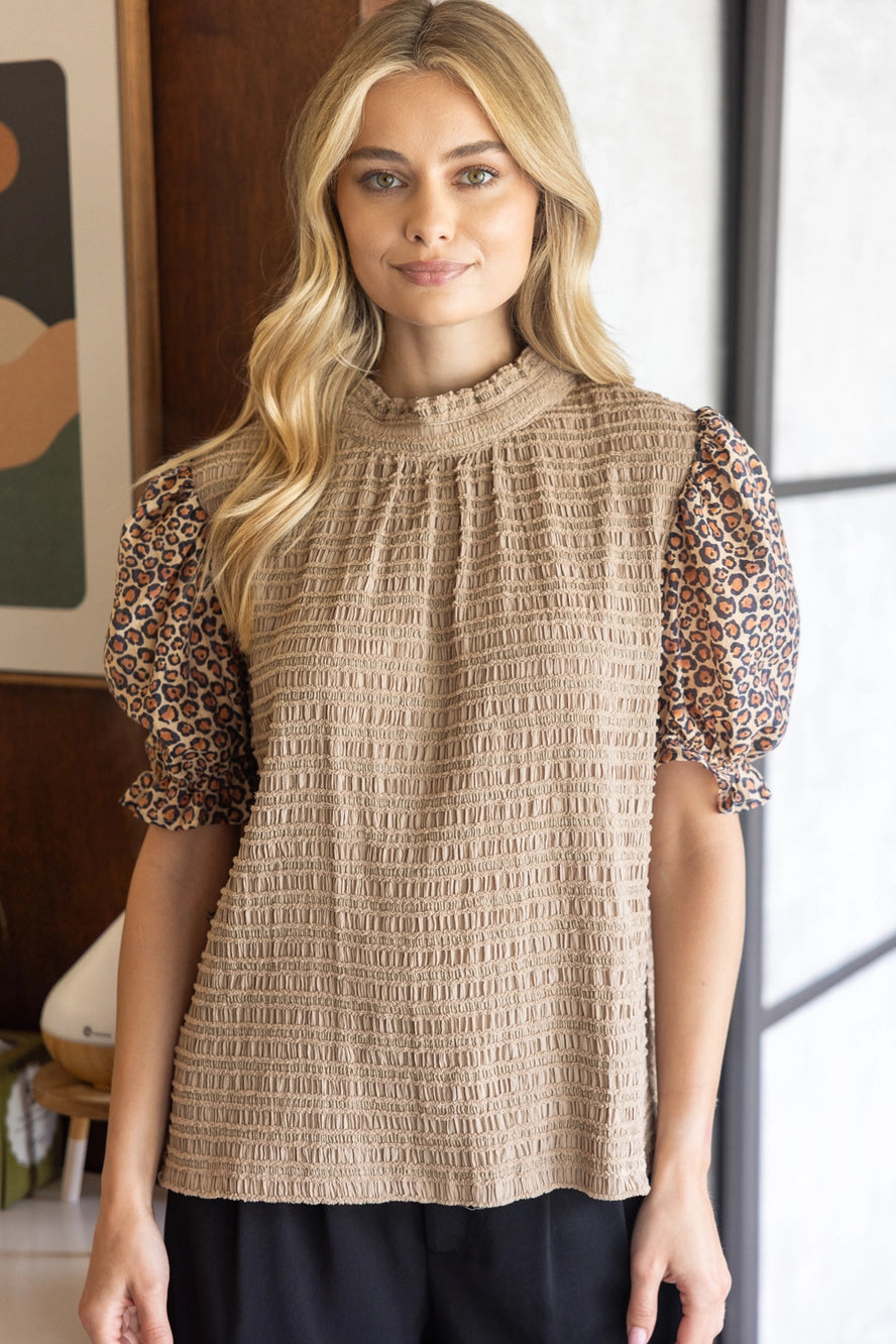 Self Tie High Neck Leopard Printed Sleeve Top