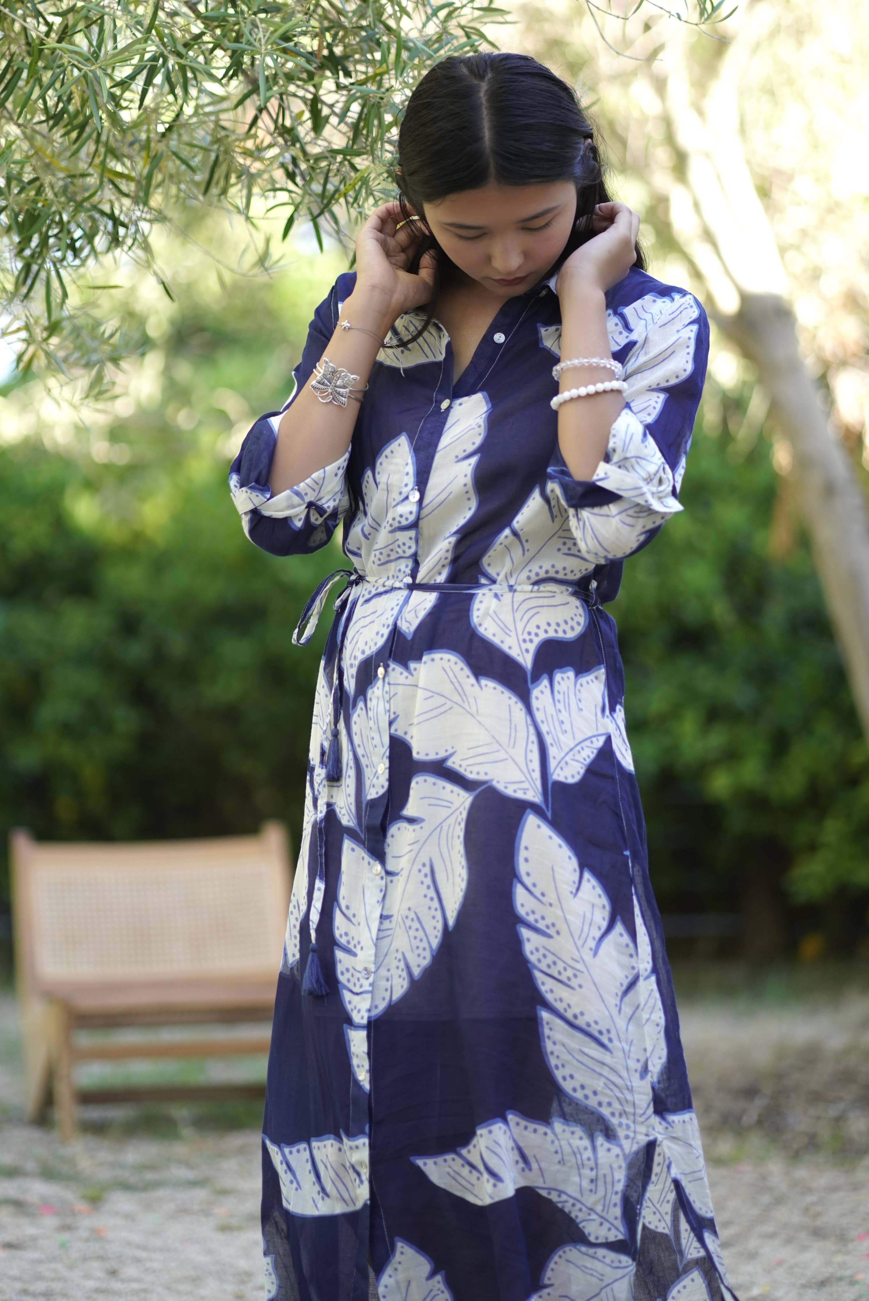 Navy Palm Leaf Shirt Dress