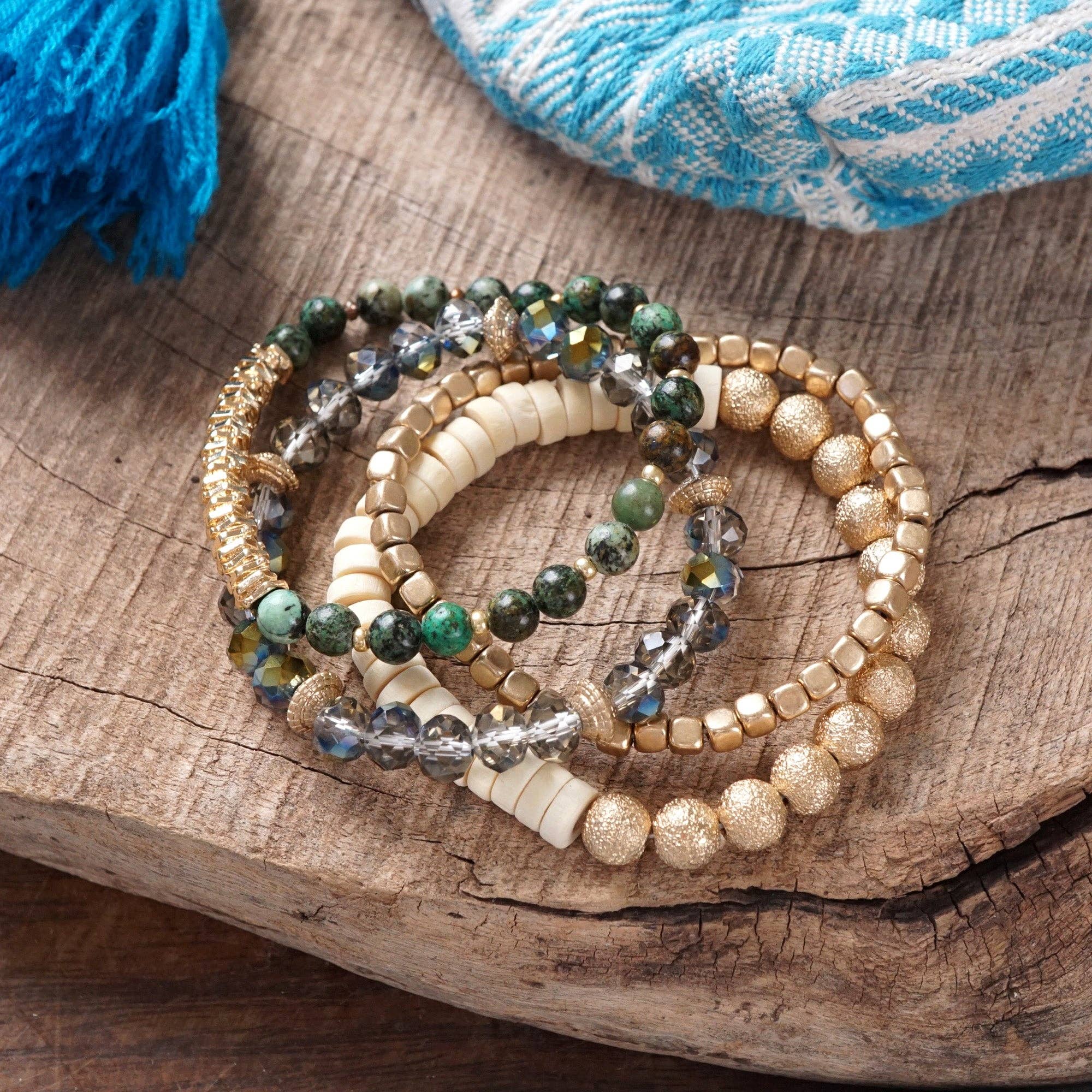 Bracelets stack of 4 piece beaded with Dark Green Semi Precious stones glass wooden and golden beads