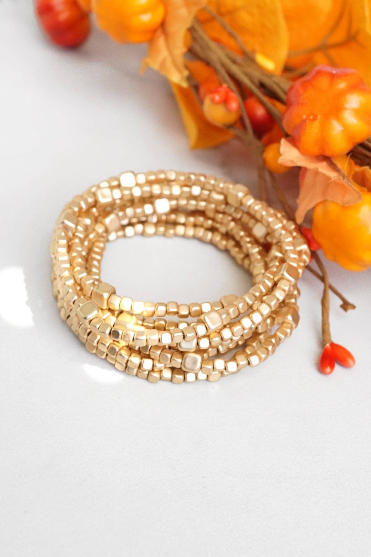 Beaded Bracelet Set Cube Beads Gold Tone