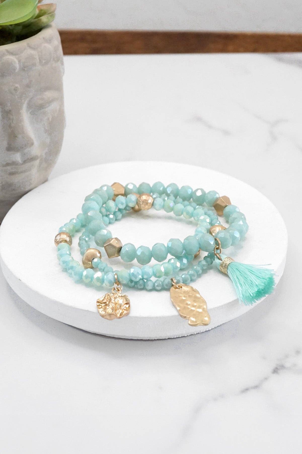 Beaded bracelet stack with tassel coin Aqua Taupe Rose Black