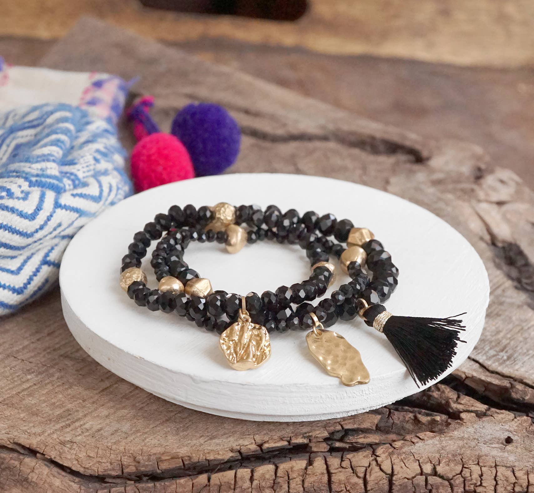 Beaded bracelet stack with tassel coin Aqua Taupe Rose Black