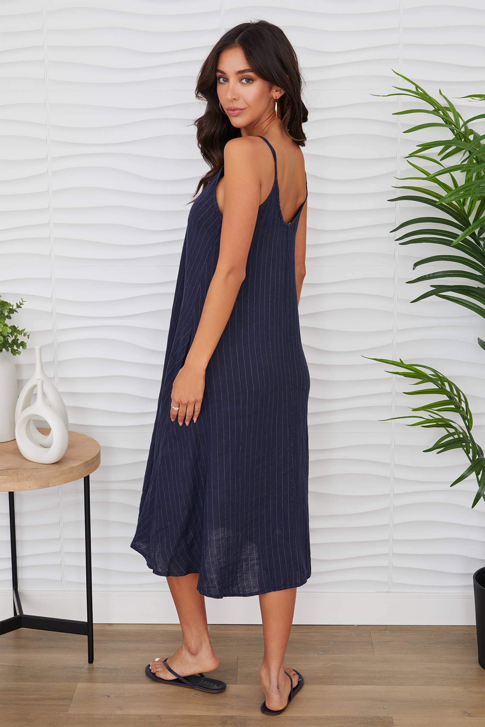 Spaghetti Strap Pinstripe Linen Maxi Dress