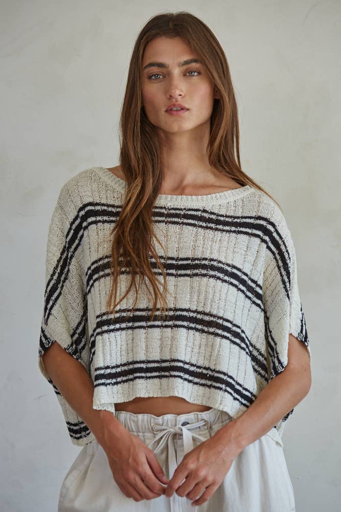 Knit Sweater Ribbed Acrylic Nylon Striped Round Neck