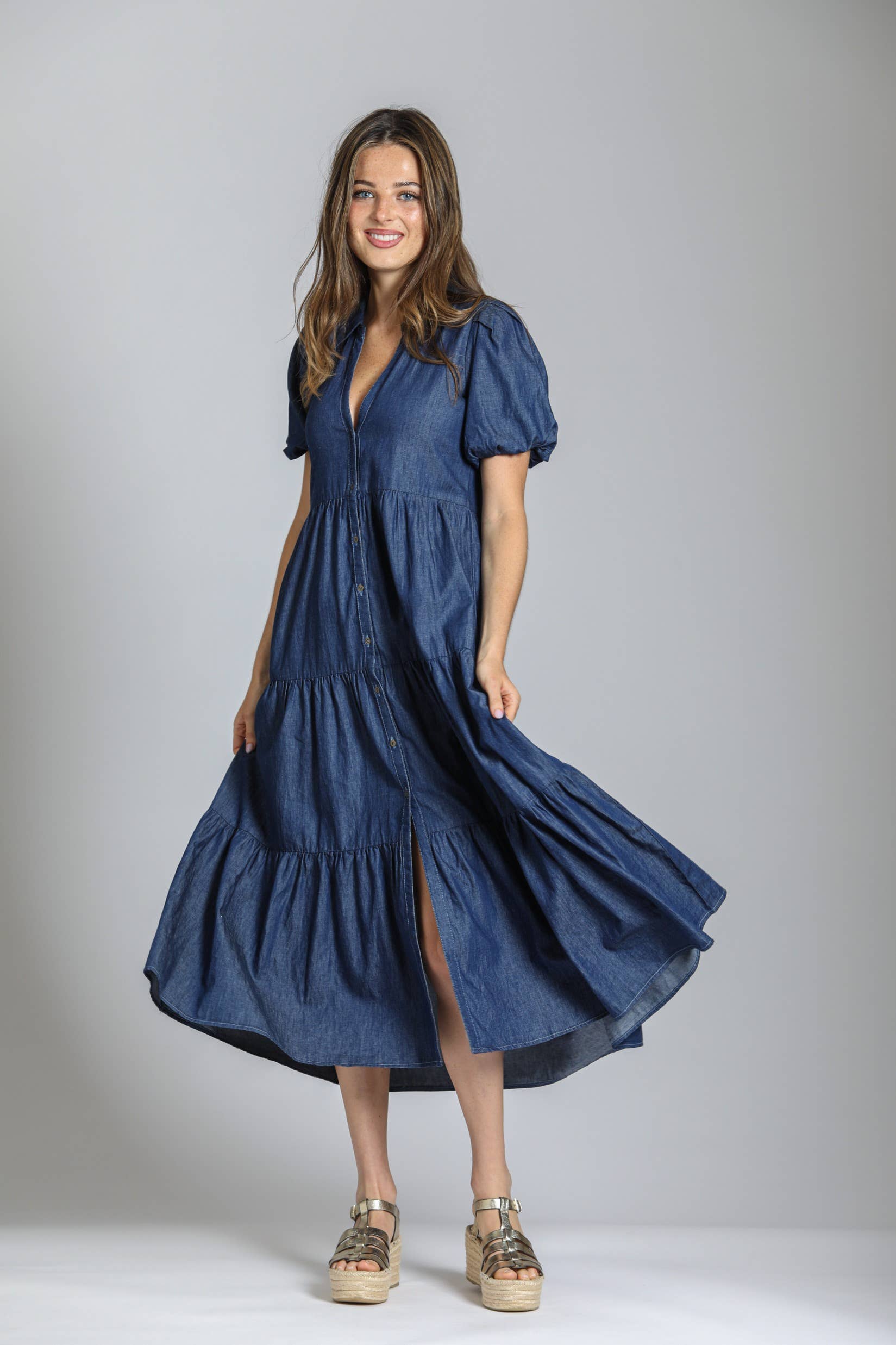 Medium Indigo Long Tiered Dress With Puff Sleeve