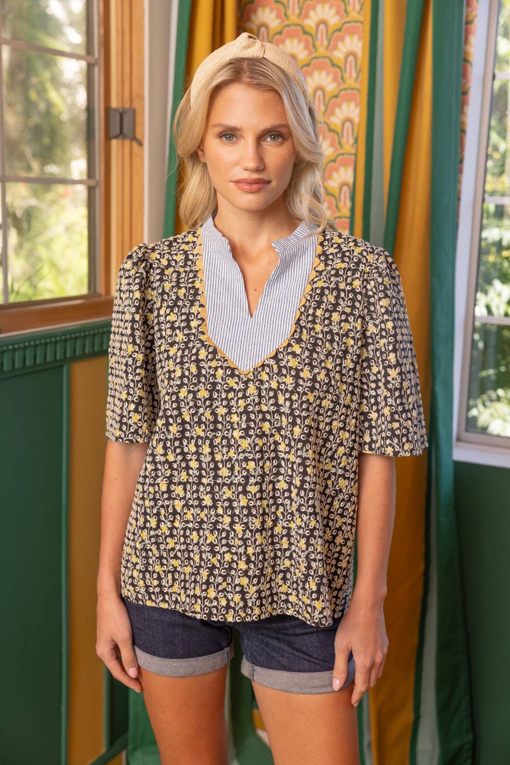 Floral Embroidered Striped Color Block Top