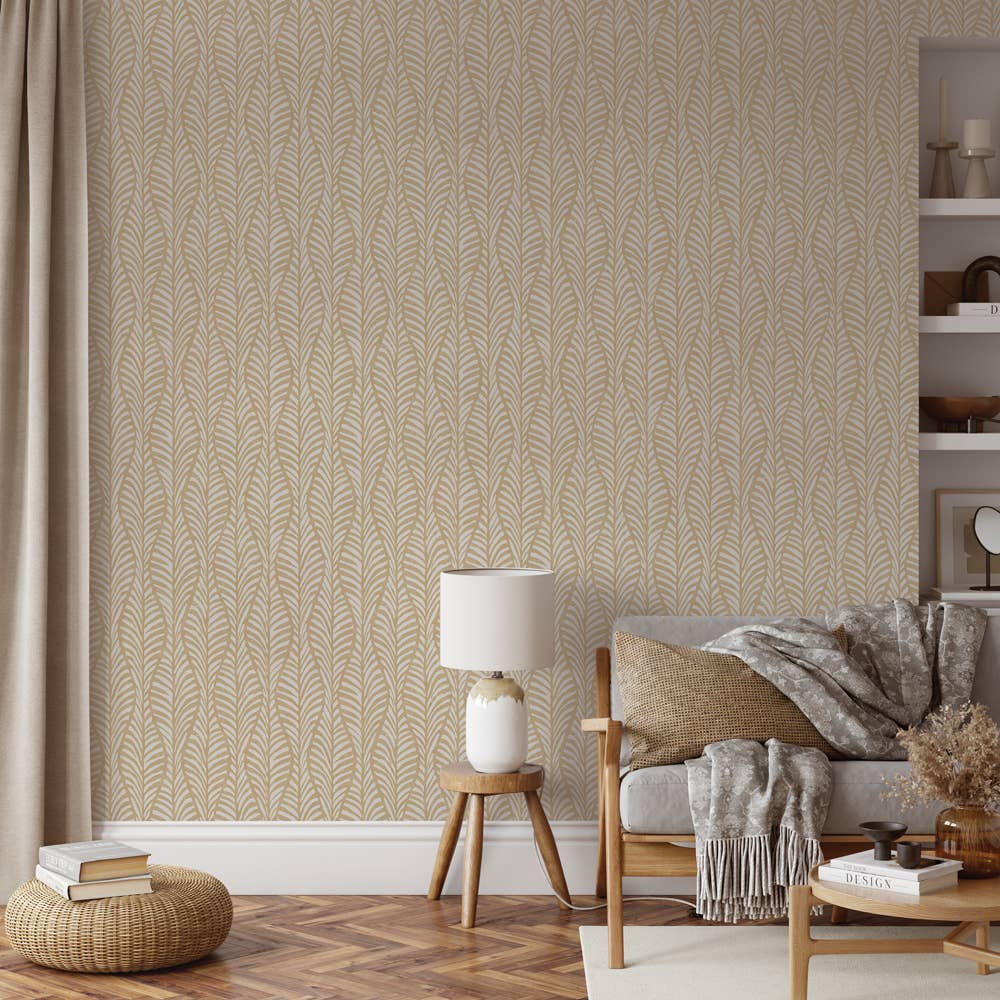 Block Print Leaves Sand P&S Wallpaper, 28 sq. ft.