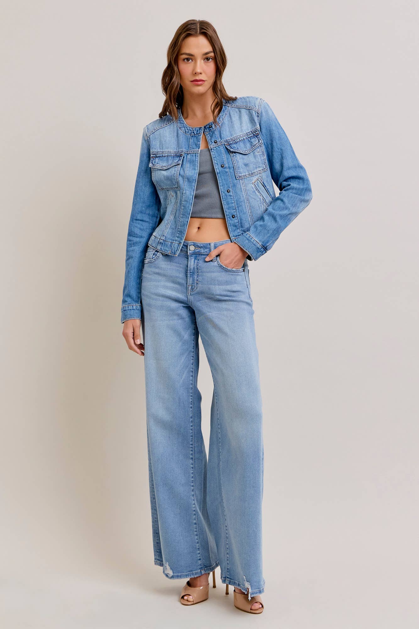 Medium Light Collarless Trucker Jacket