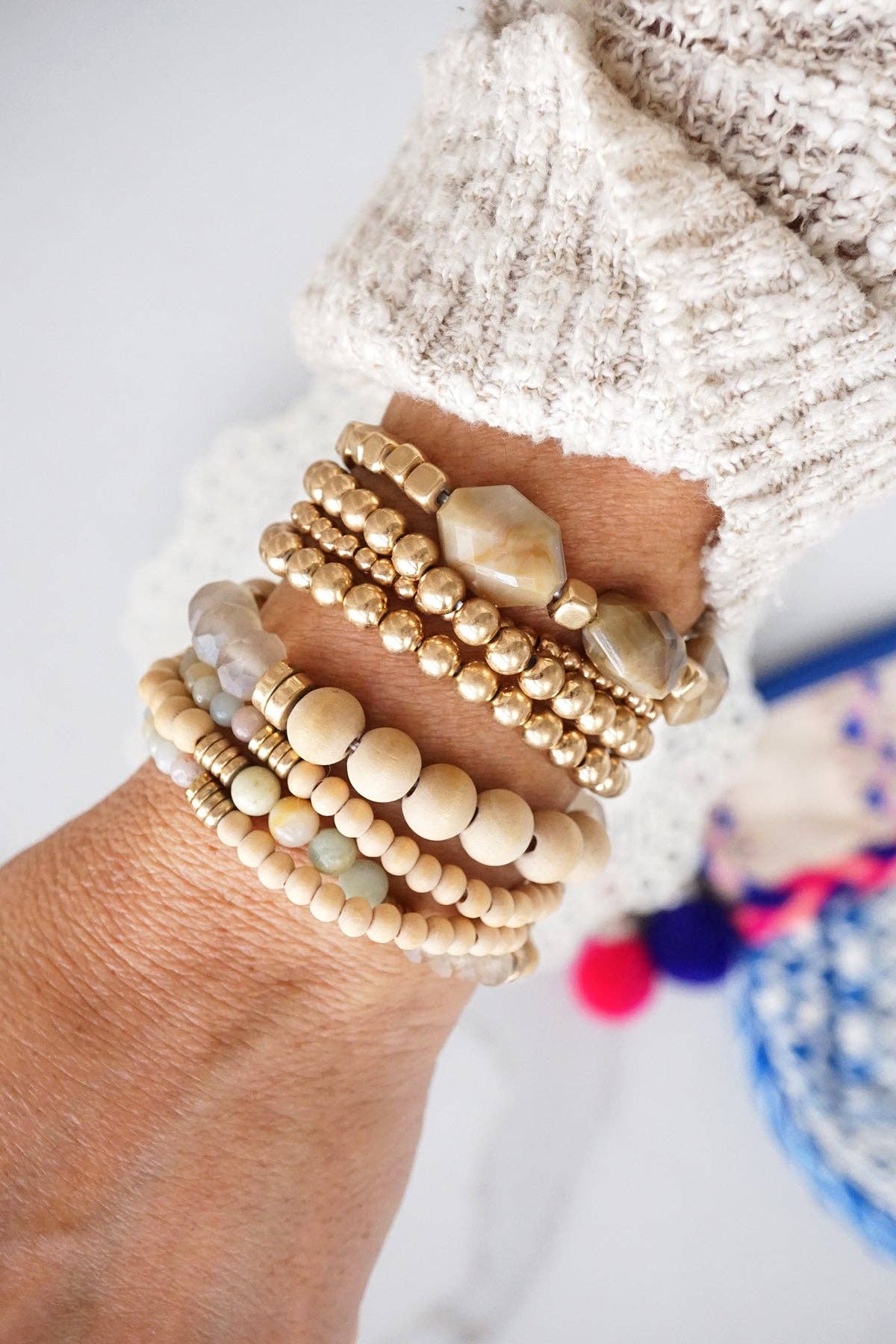 Beaded Bracelets stack of 4 piece with Natural Wood and Semi