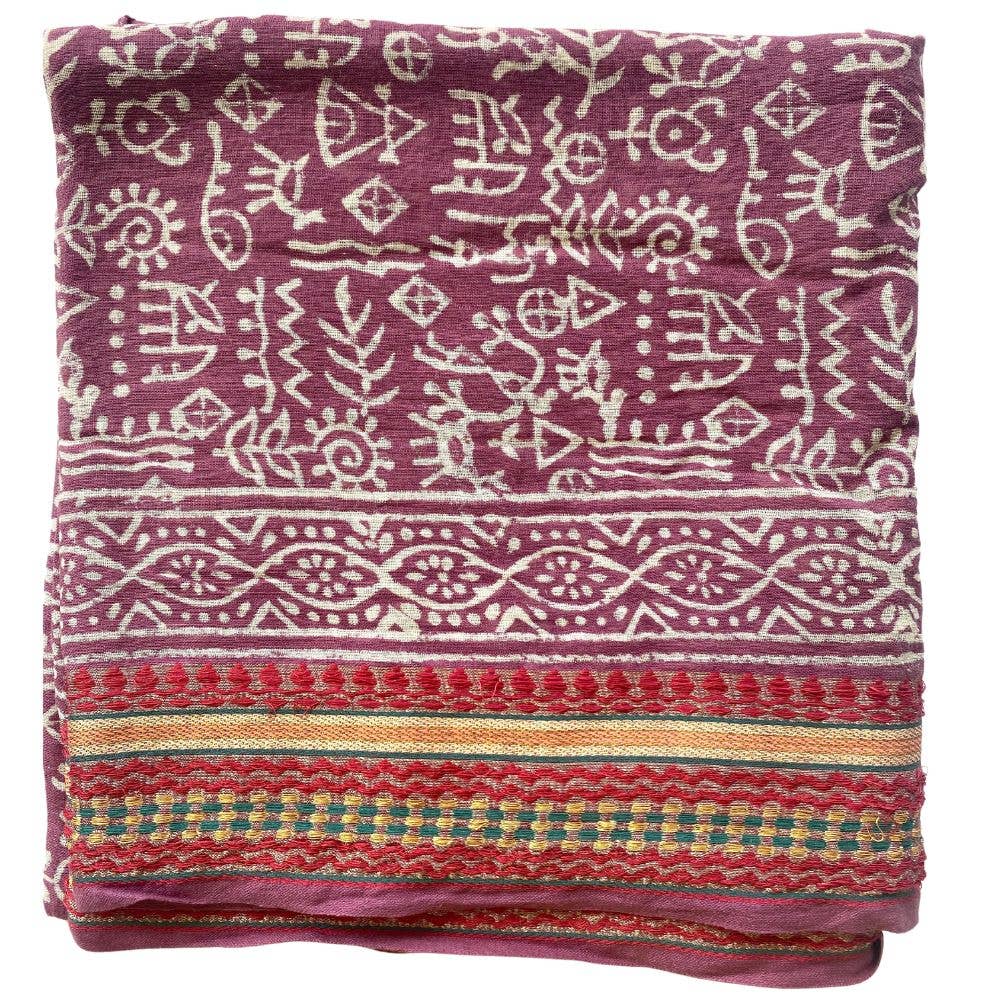 Naturally Dyed Block Printed Zari Sarong - Red Pigment