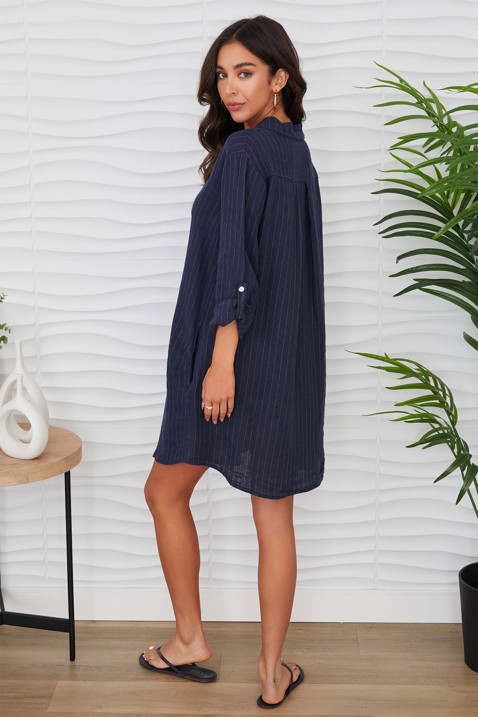 Linen Pinstripe Navy Shirt Dress