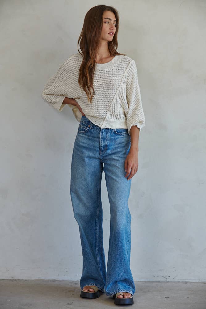 Knit Sweater Round Neck 3/4 Sleeve Pullover Top