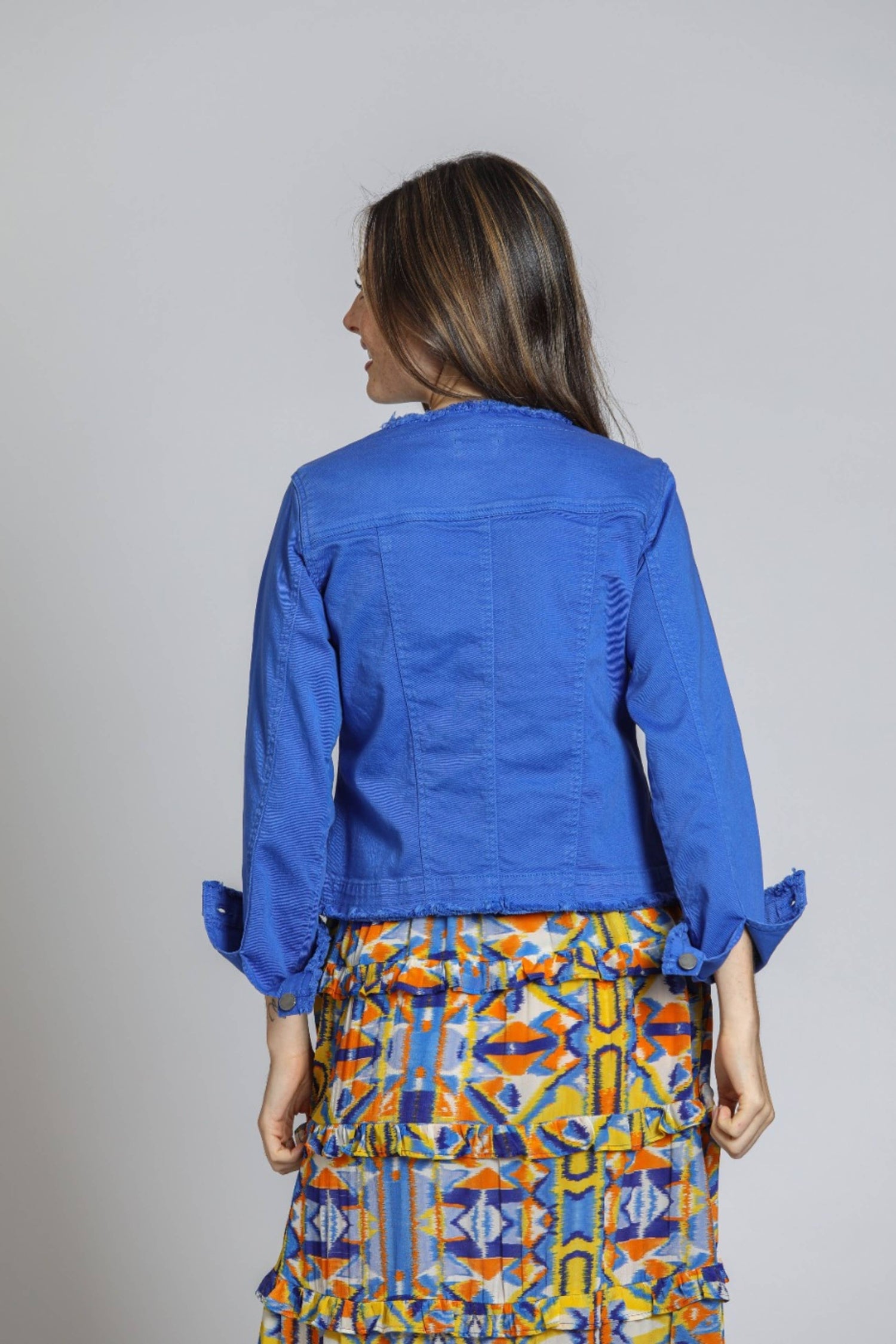 Dazzling Blue Collarless Jean Jacket with Frayed Detail