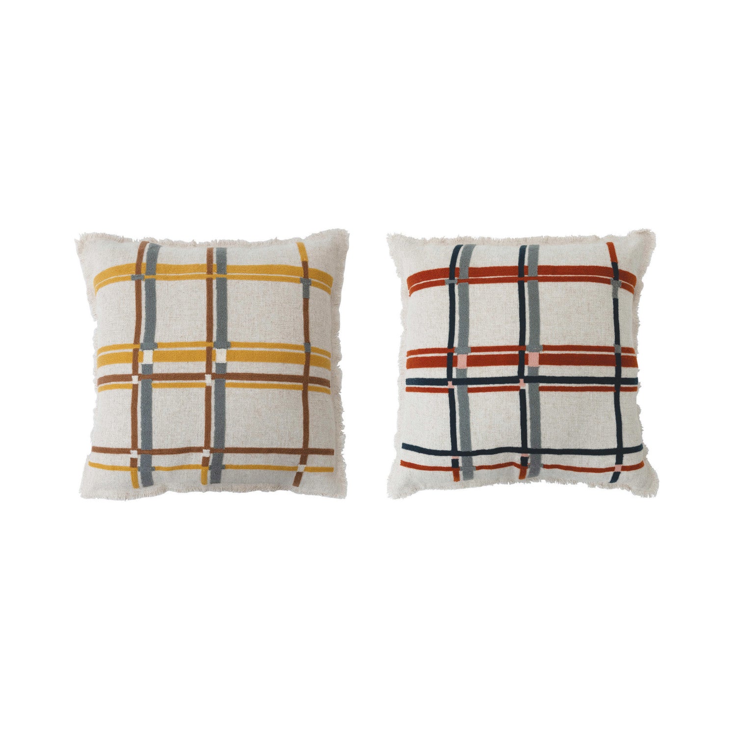 20" Fabric Blend Embroidered Plaid Pillow w/ Eyelash Fringe, 2 Colors, Polyester Fill