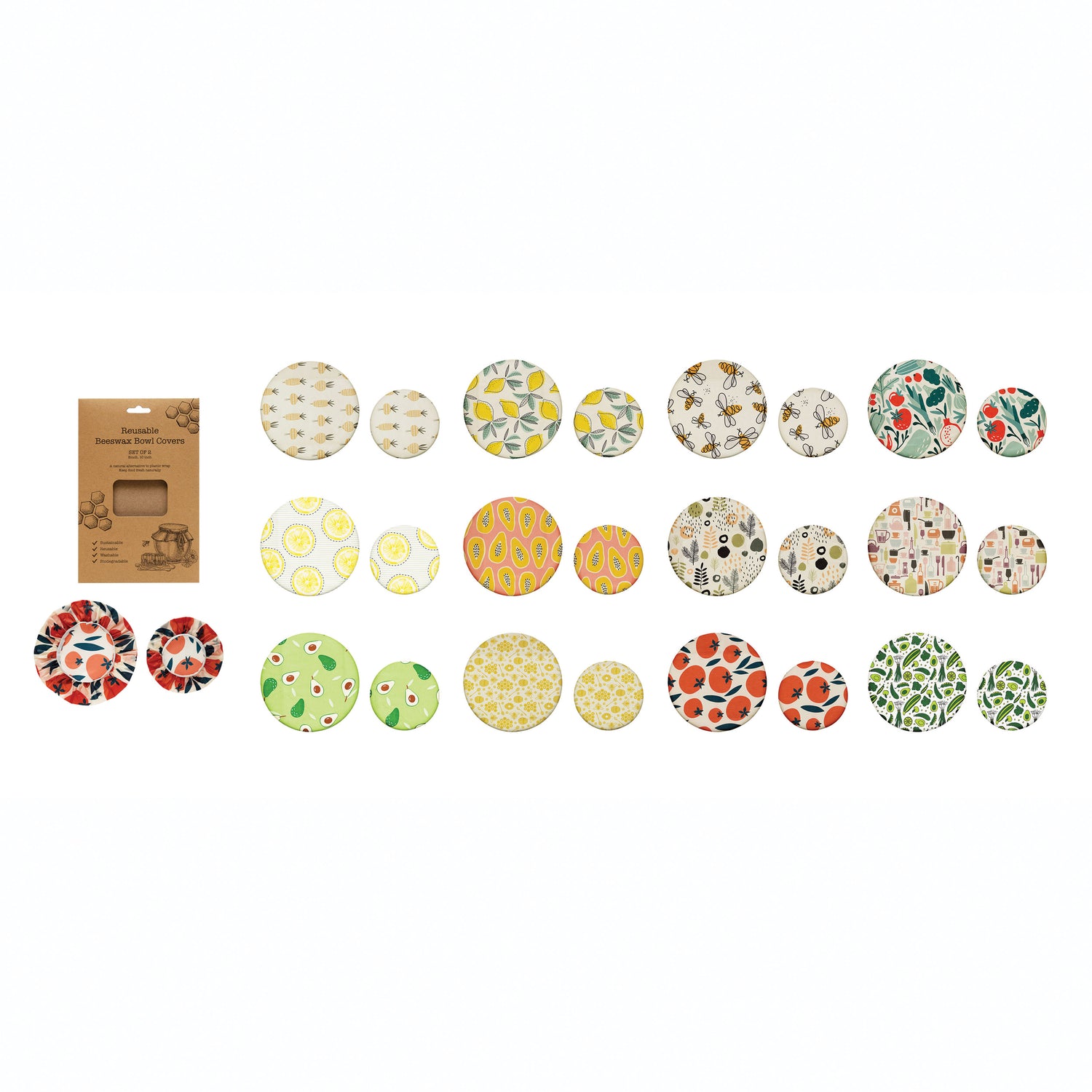 Reusable Fabric Beeswax Food Covers with Prints, Set of 2, 12 Styles