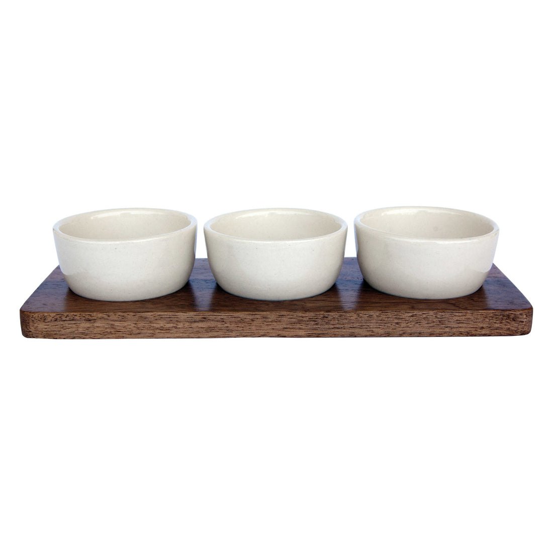 Mango Wood Tray w/ (3) 2 oz. Stoneware Bowls, Set of 4
