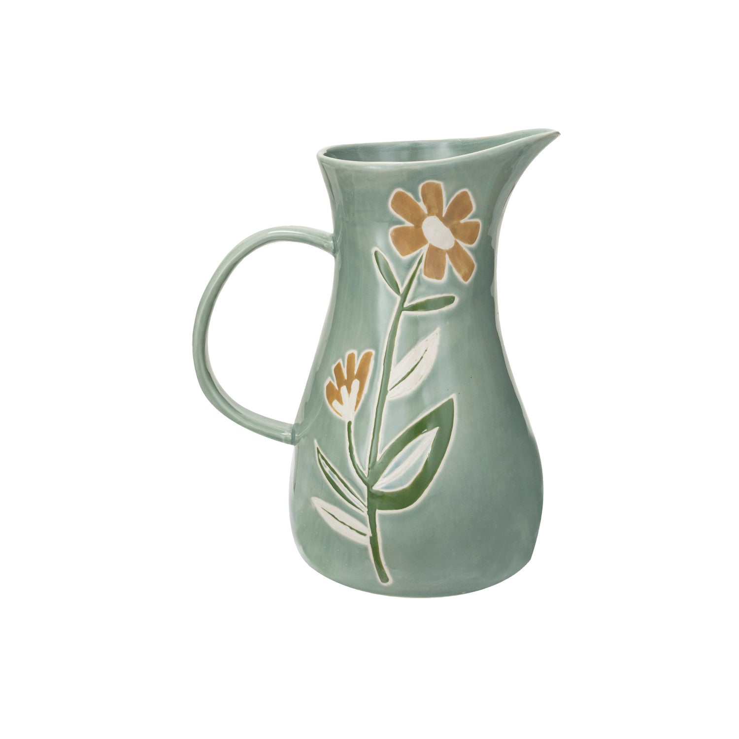 2 Quart Hand-Painted Stoneware Pitcher w/ Wax Relief Flowers, Multi Color ©