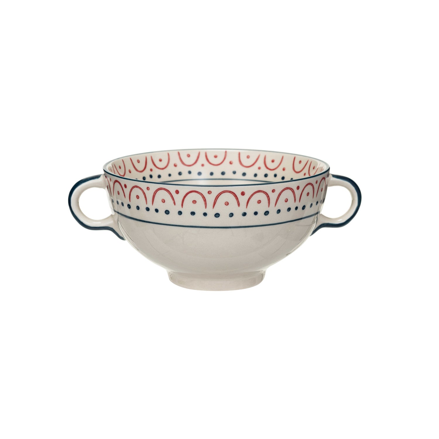 Stoneware Bowl w/ Handles & Pattern