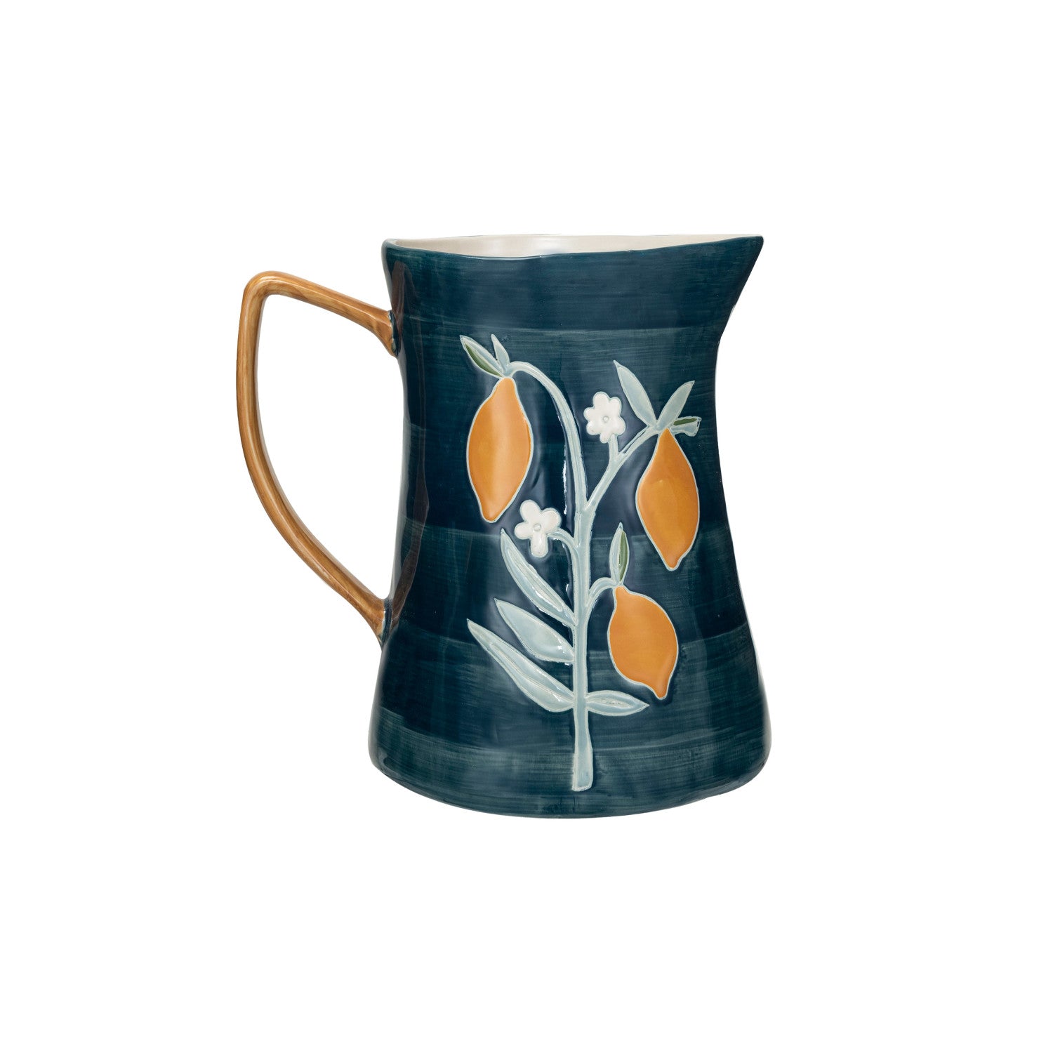 3 Quart Hand-Painted Stoneware Pitcher w/ Wax Relief Flowers & Lemons ©