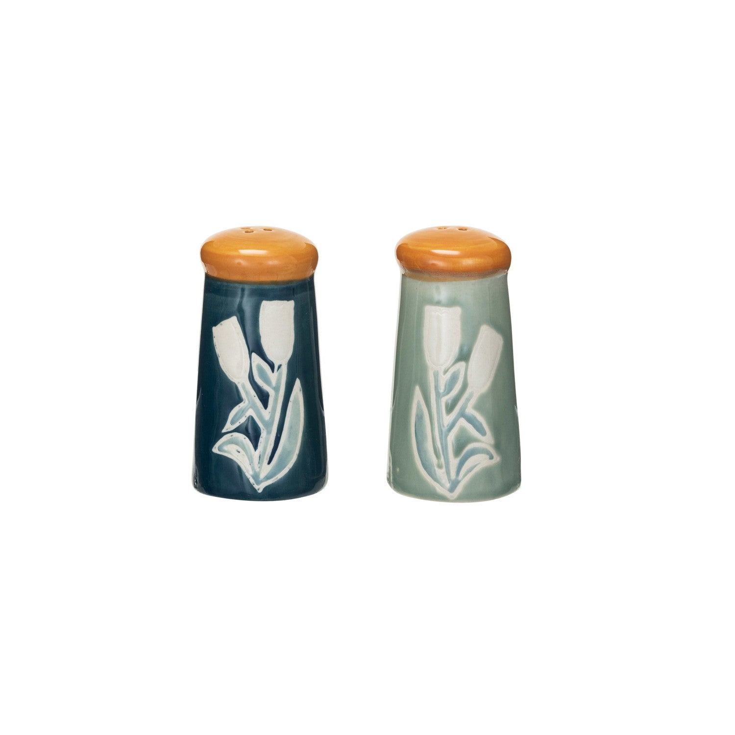 Hand-Painted Stoneware Salt & Pepper Shakers w/ Wax Relief Flowers, Set of 2 ©
