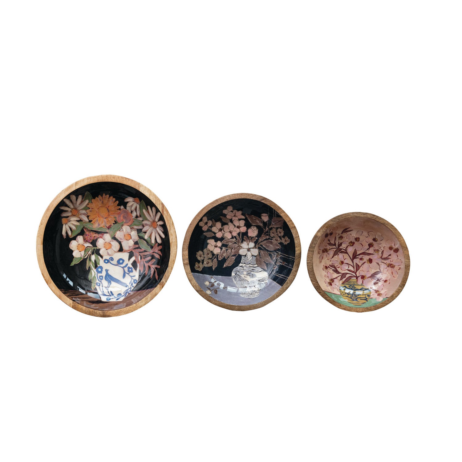 Enameled Mango Wood Bowls w/ Flowers in Vase, Set of 3 ©
