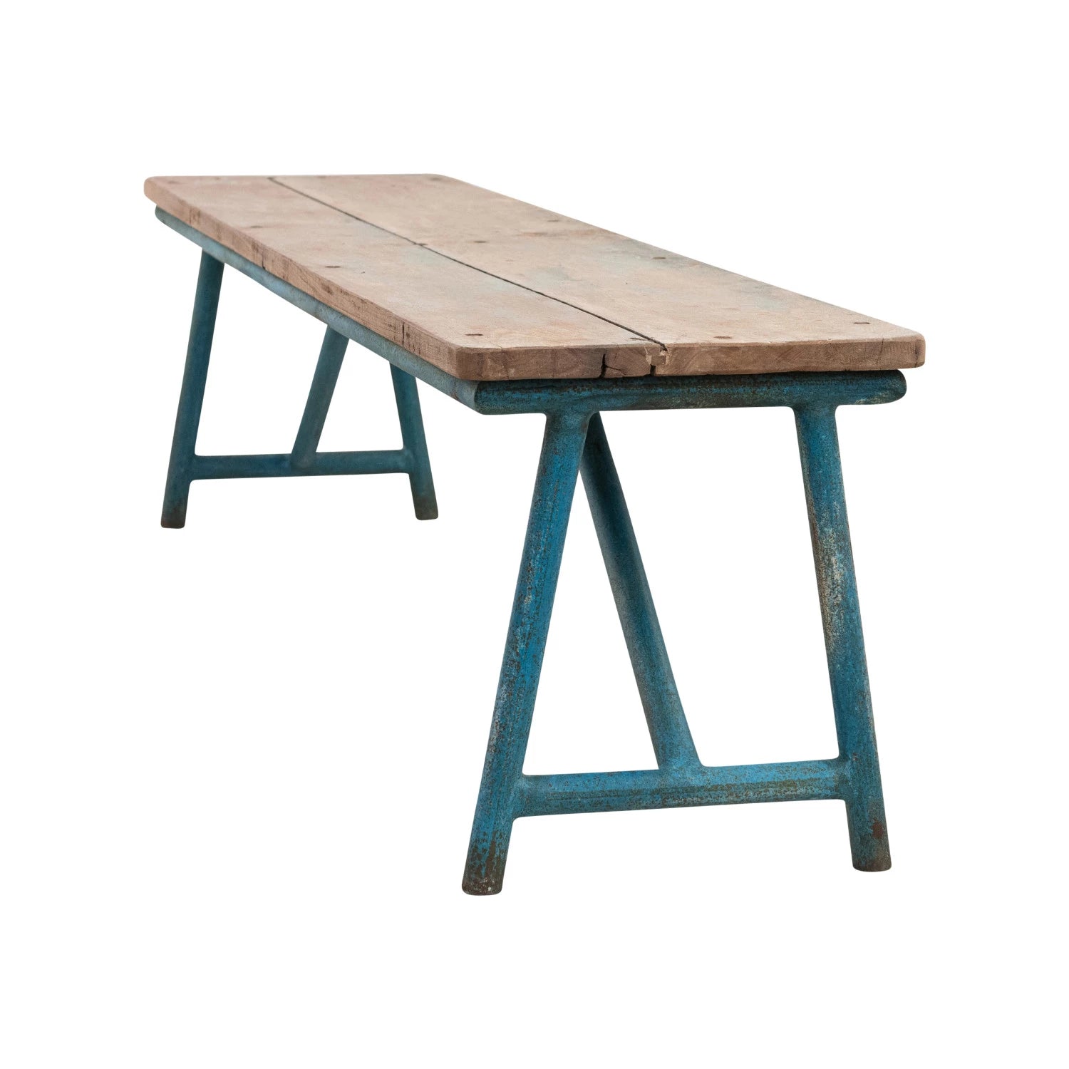 Reclaimed Wood & Metal Bench, Natural & Distressed Blue