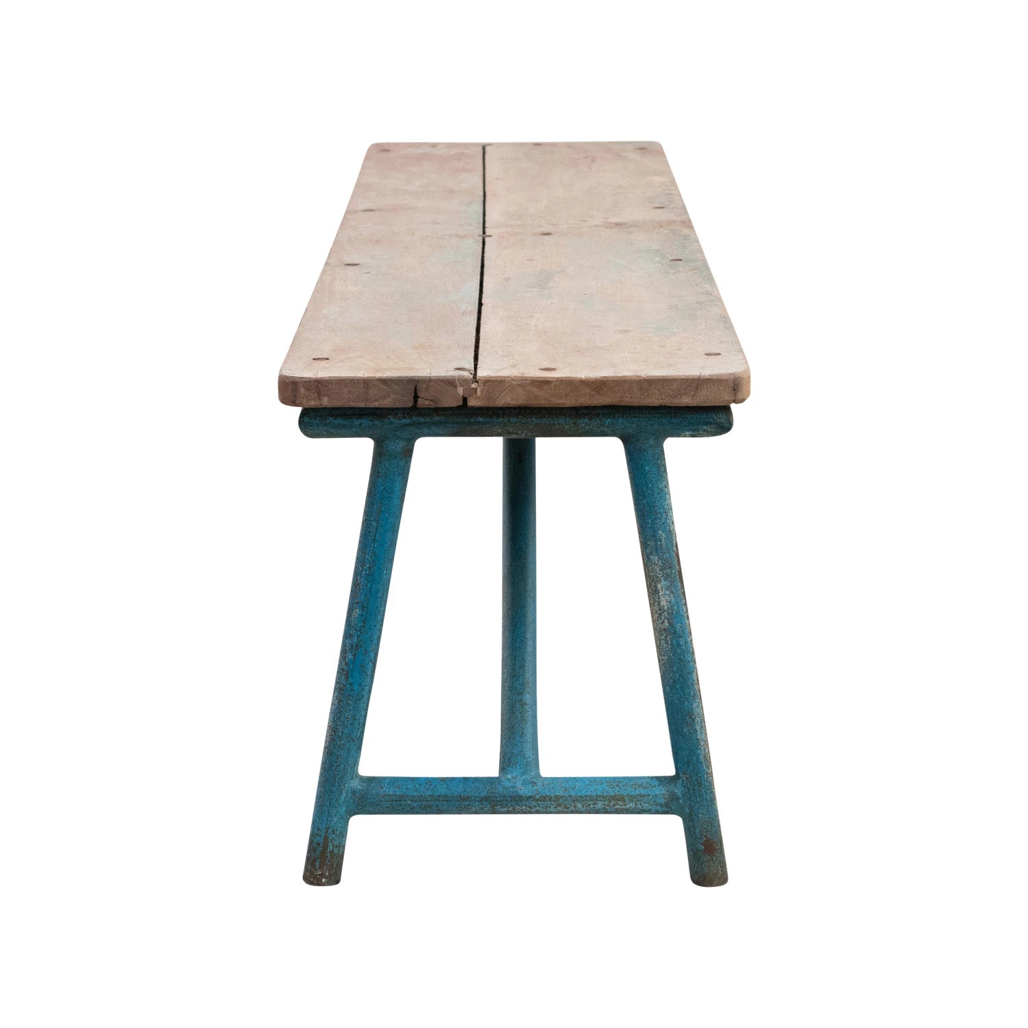 Reclaimed Wood & Metal Bench, Natural & Distressed Blue