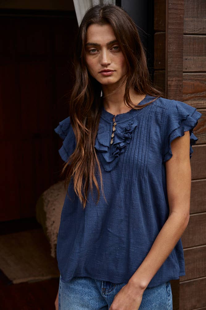 Woven Cotton Linen Button V-Neck Short Sleeve Top