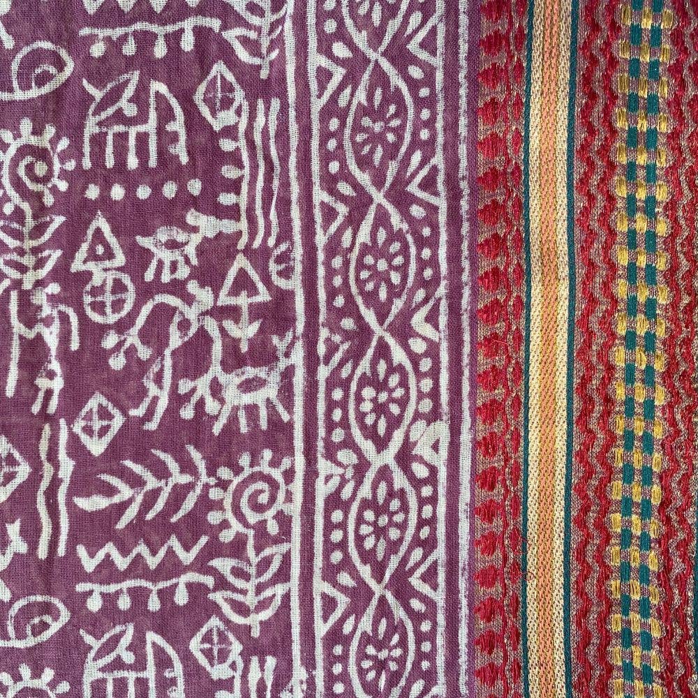 Naturally Dyed Block Printed Zari Sarong - Red Pigment