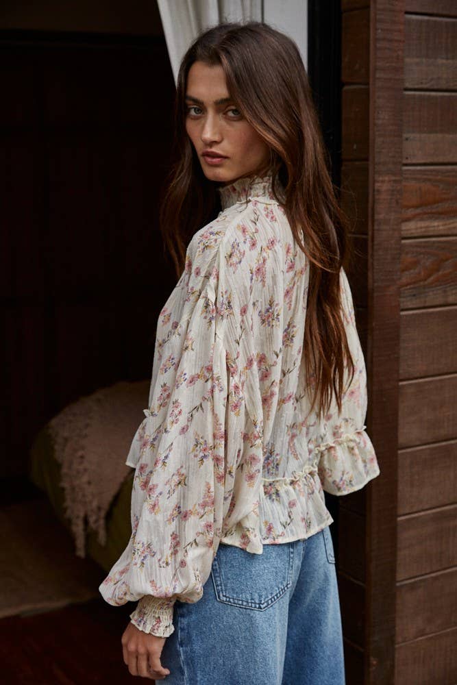 Woven Floral Print See Through Mock Neck Blouse