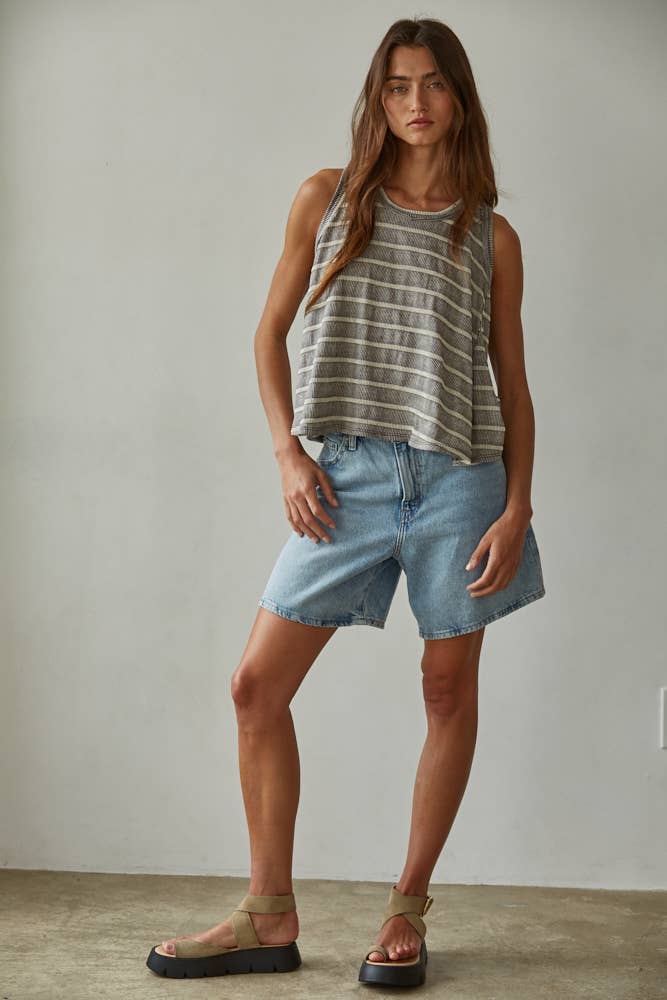 Knit Striped Round Neck Sleeveless Tank Top
