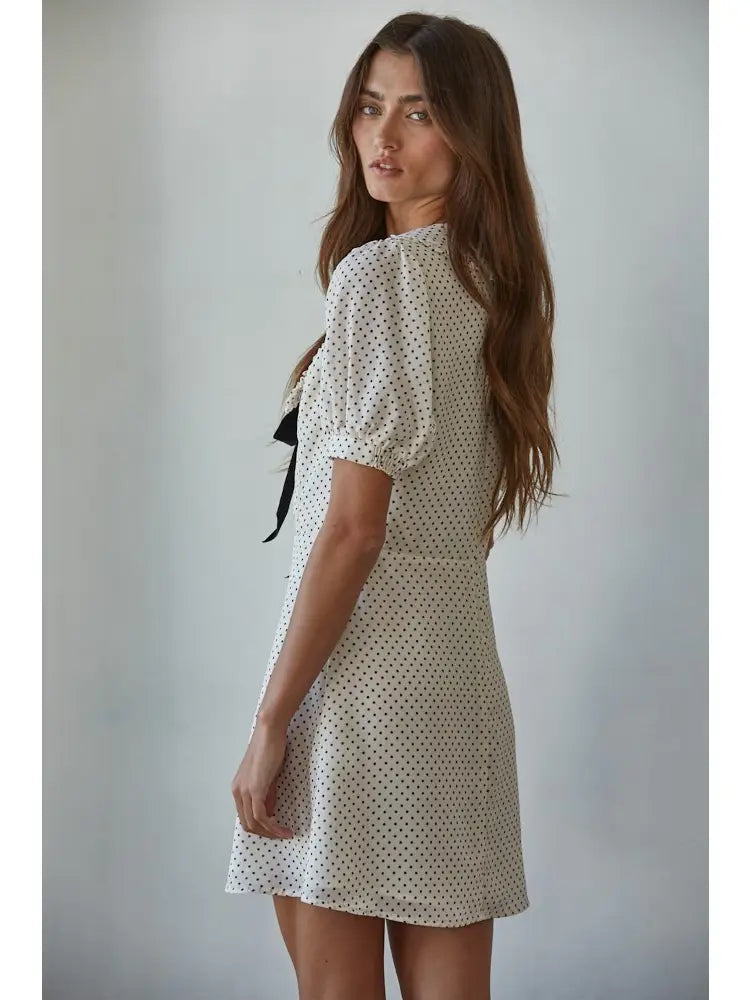 Woven Polyester Chiffon Swiss Dot Print Mini Dress