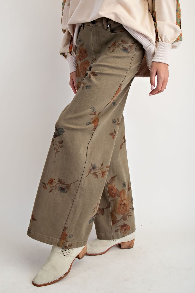 Flower Print Stretch Washed Twill Pants