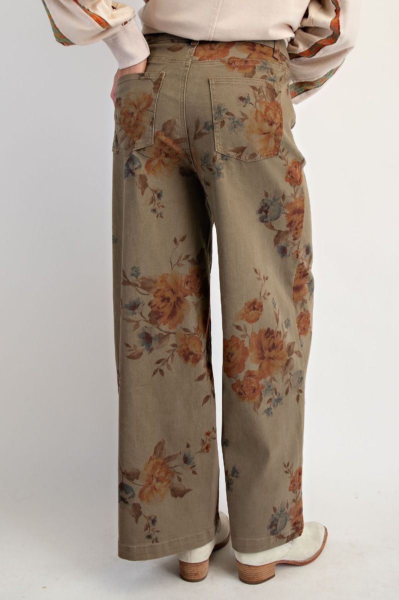 Flower Print Stretch Washed Twill Pants