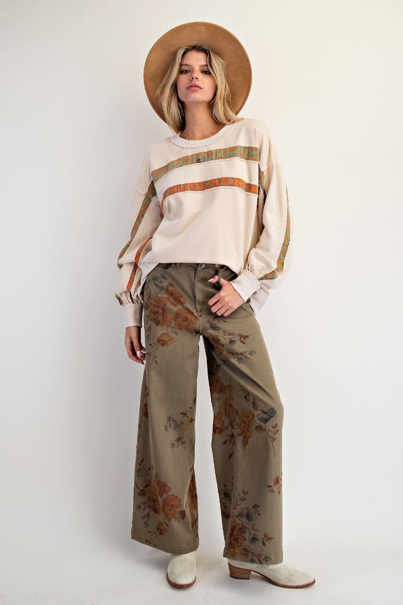 Flower Print Stretch Washed Twill Pants