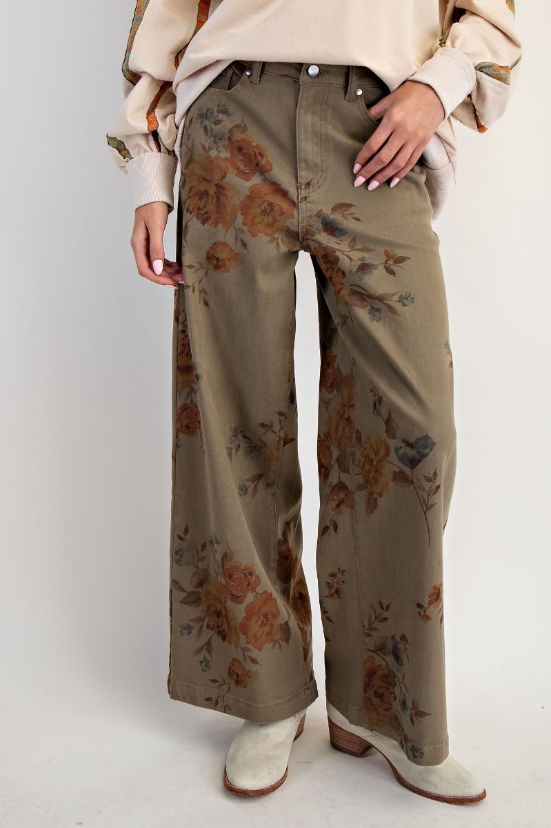 Flower Print Stretch Washed Twill Pants