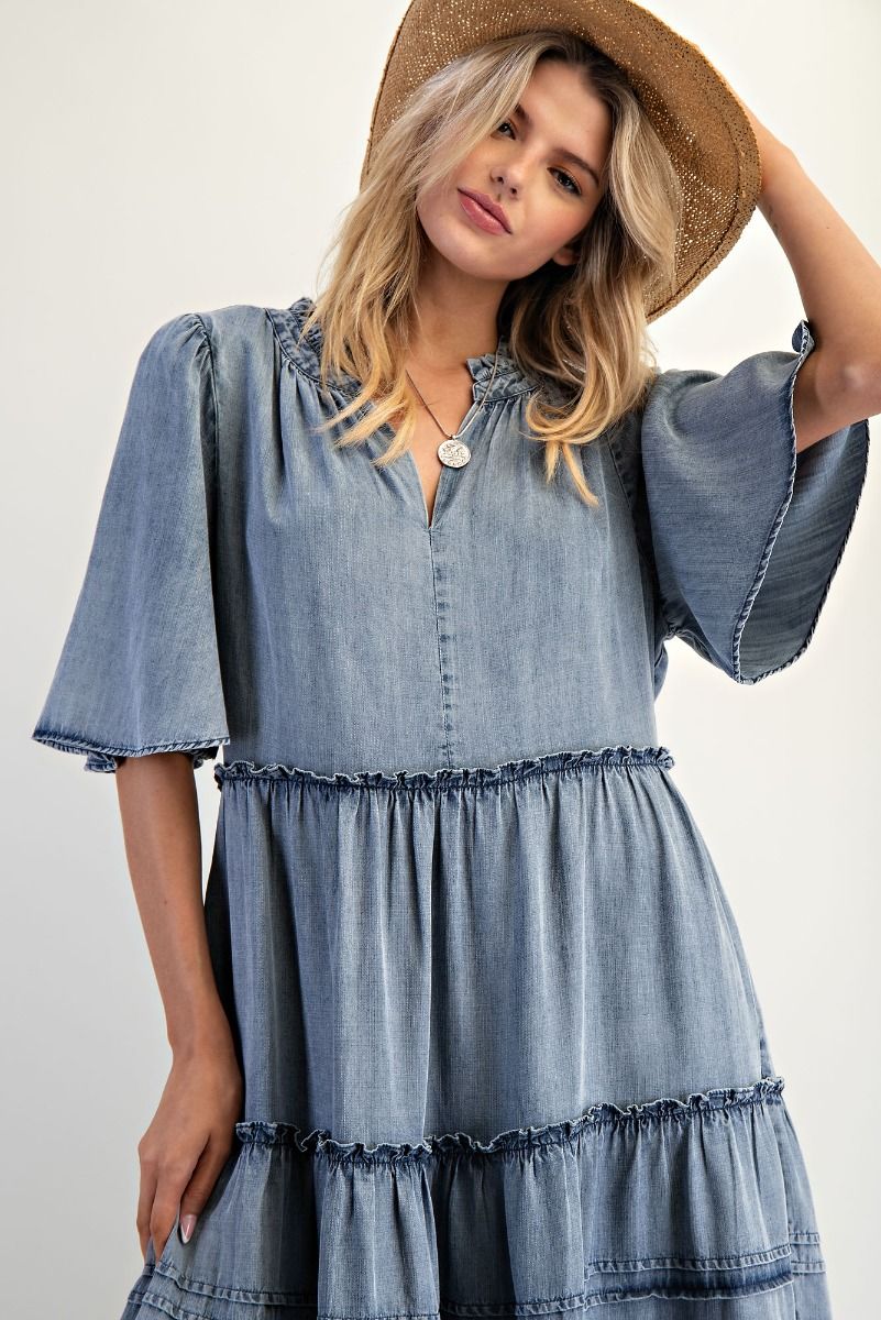Wing Sleeves Washed Denim Maxi Dress