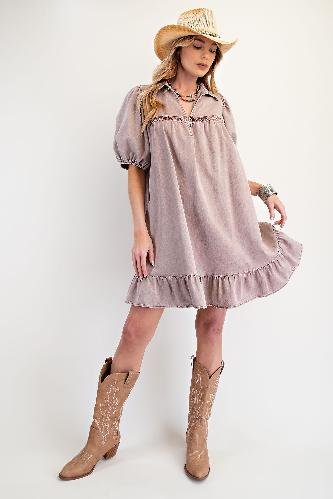 Ruffle Bottom Washed Chambray Dress
