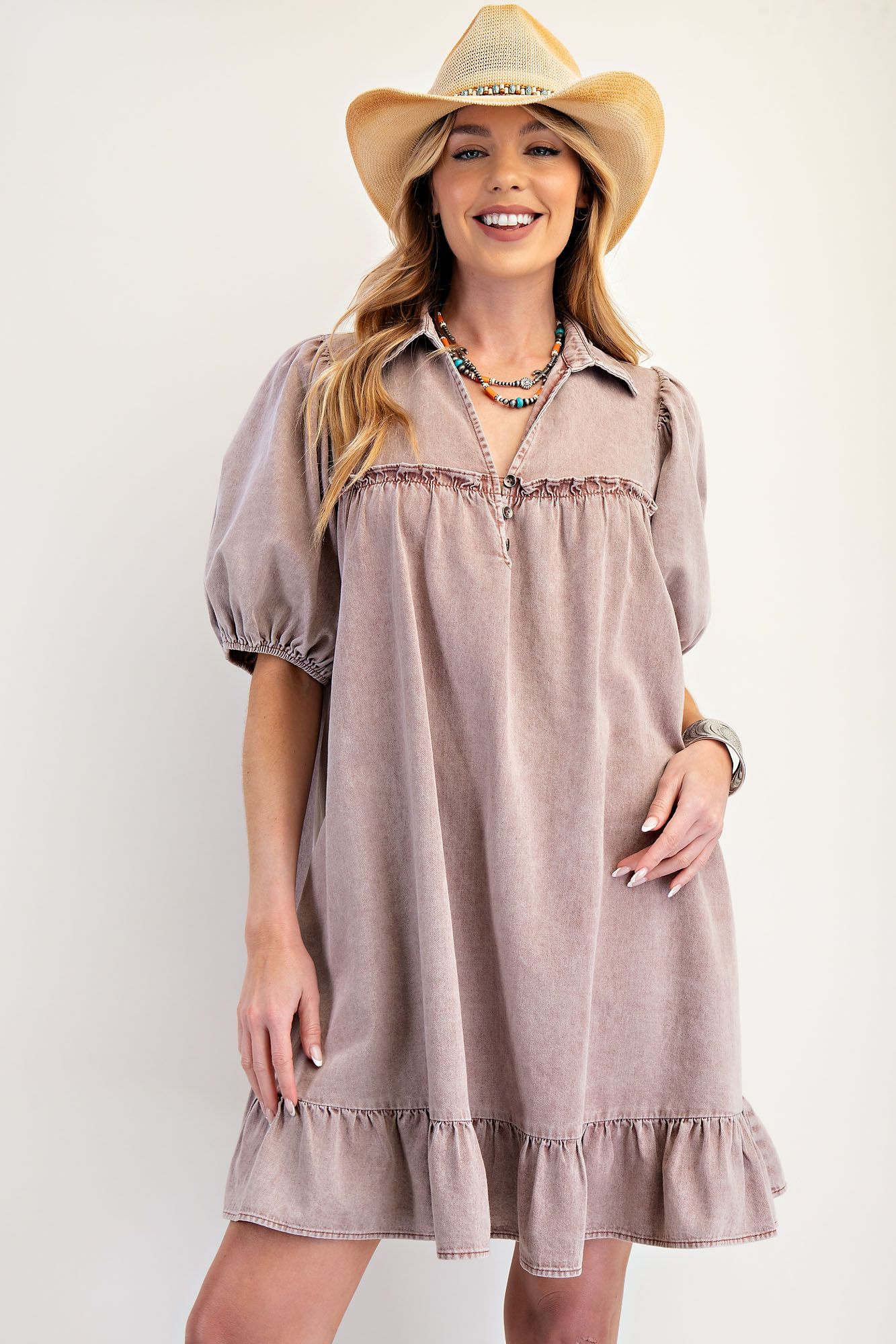 Ruffle Bottom Washed Chambray Dress